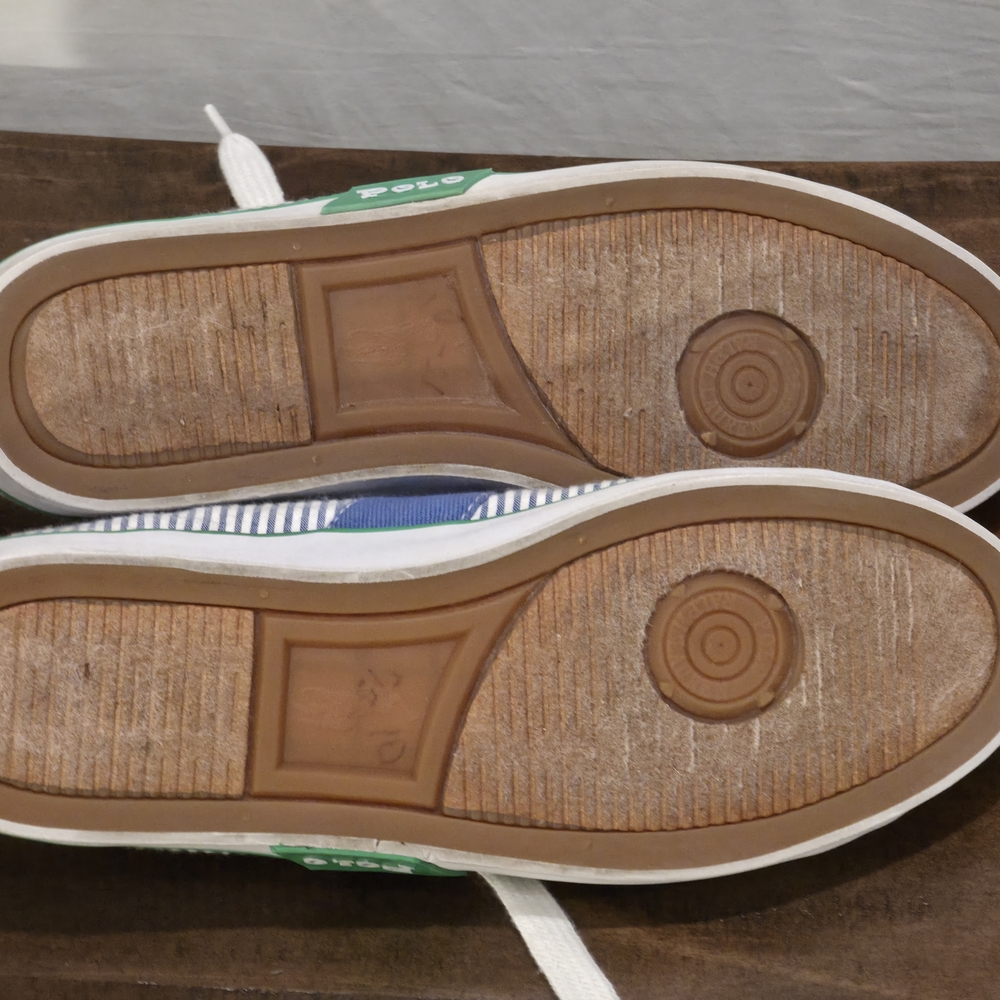 Polo Ralph Lauren Seersucker Sneakers Blue White Stripe Green Pony Size 9B Prep - Picture 10 of 10
